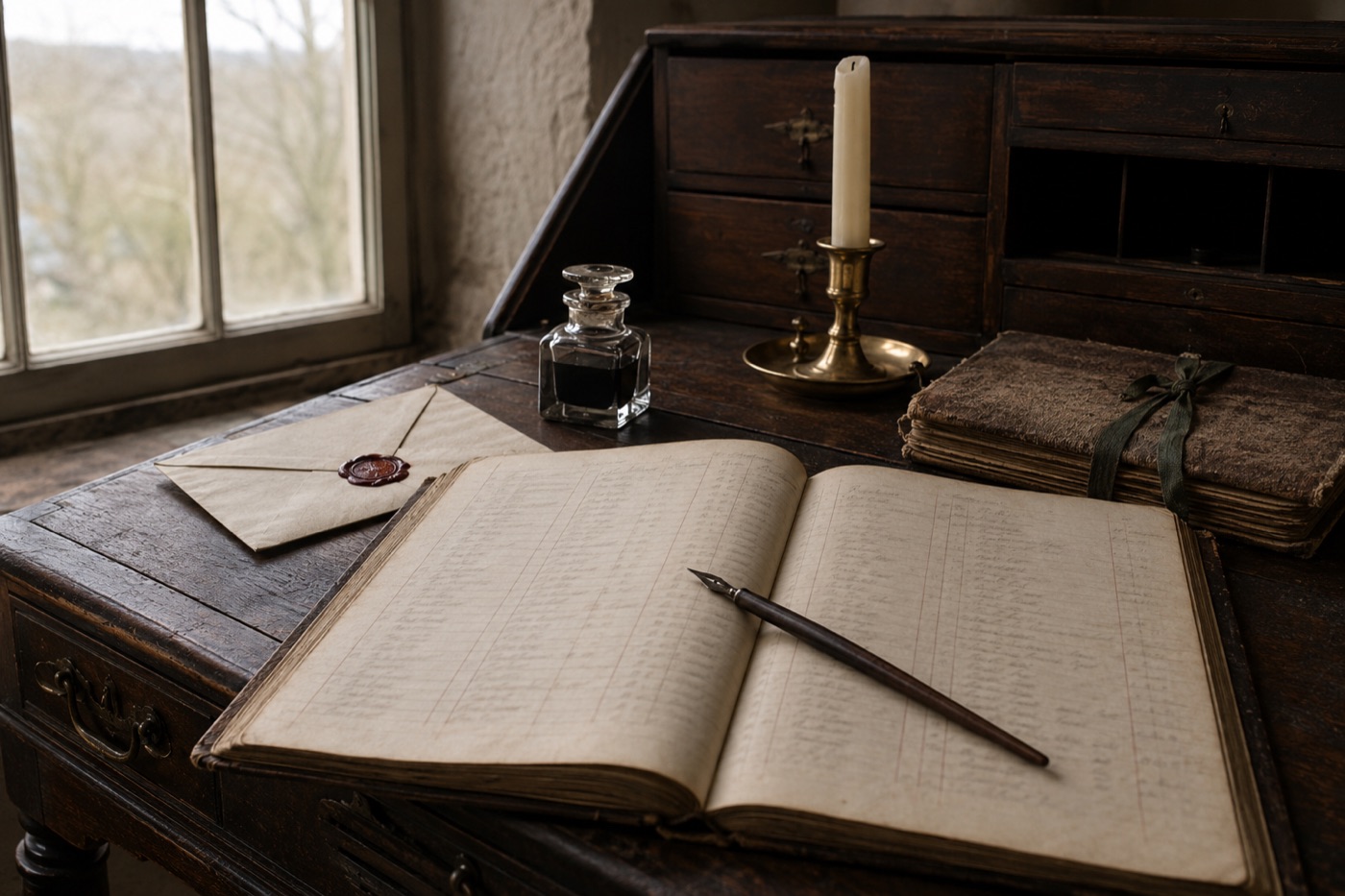 A steward's desk by a window: an open ledger, a steel pen, an inkwell, and a letter sealed in red wax