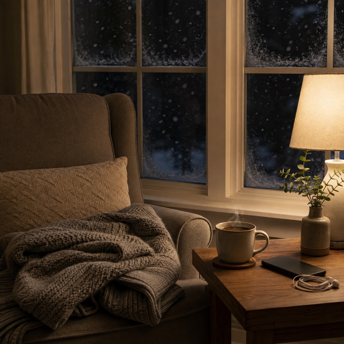 An armchair by a winter window at night, with a lamp, a cup of tea, and earphones on the side table