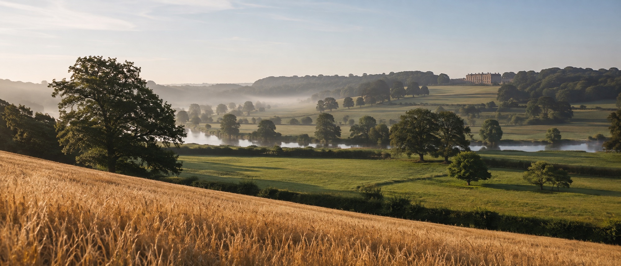 A river valley of wheat fields and water-meadows, with a great honey-stone house on the far hill